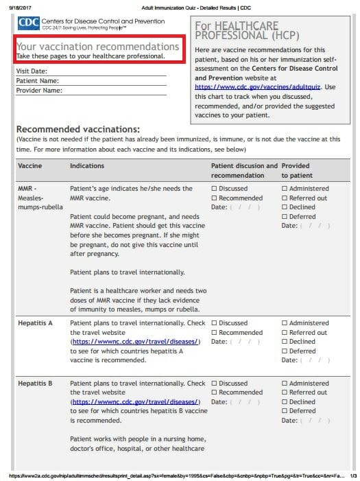 Screenshot of printable form vaccination recommendations