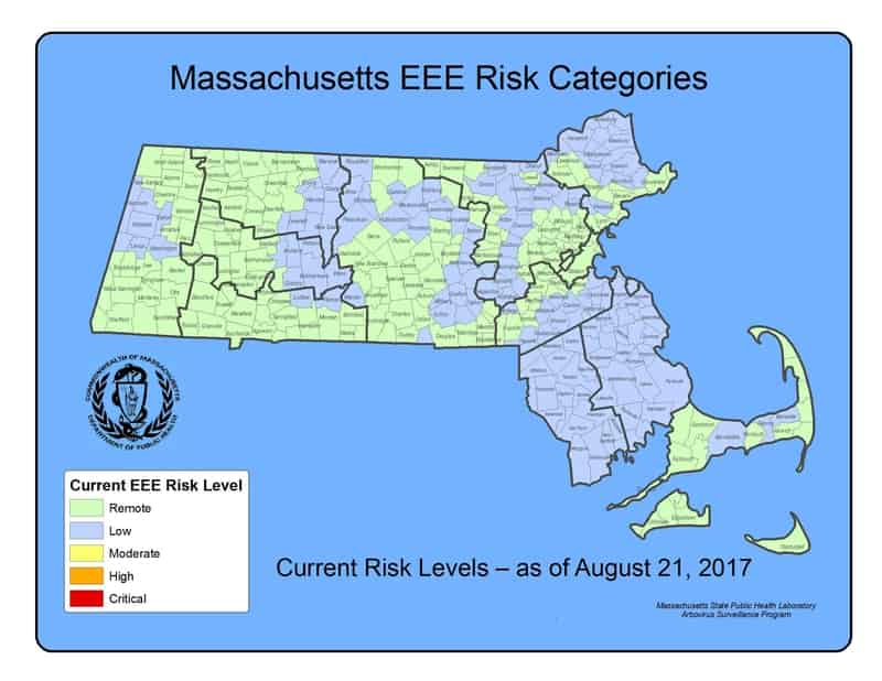 Illustrated map of Massachusetts showing areas of relative risk of EEE virus