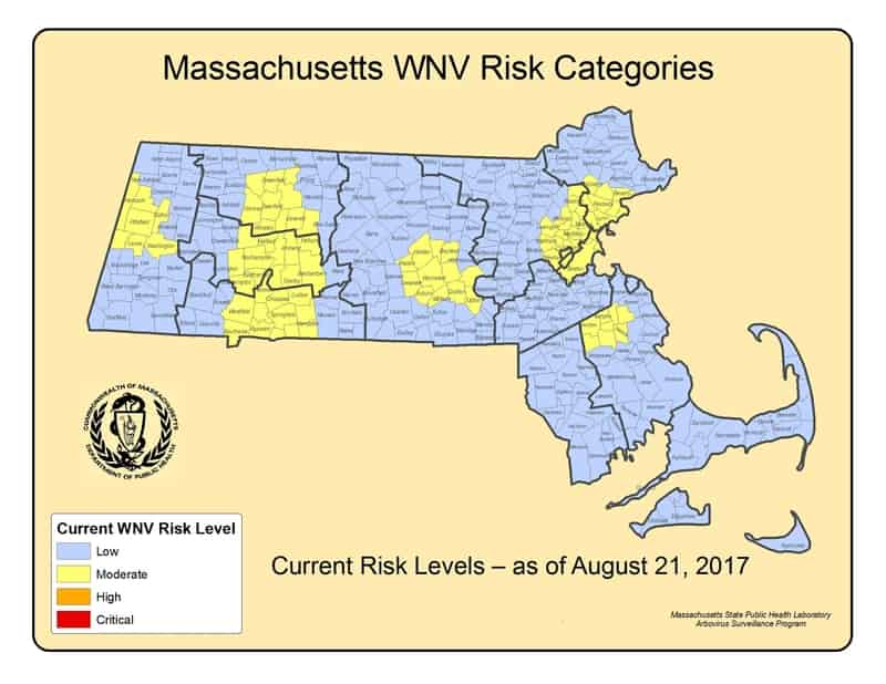 Illustrated map of Massachusetts showing areas with relative risk of West Nile Virus