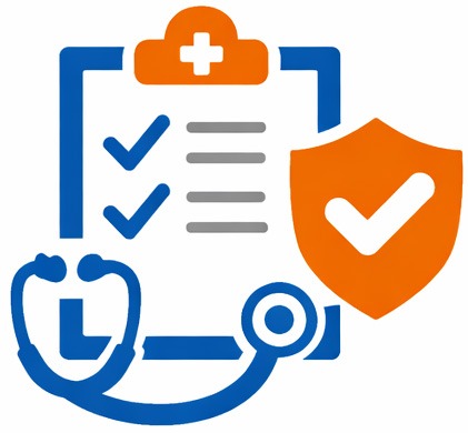 An illustration of a medical clipboard with checkmarks, a stethoscope, and a shield with a checkmark, symbolizing health insurance, medical care, or health protection.